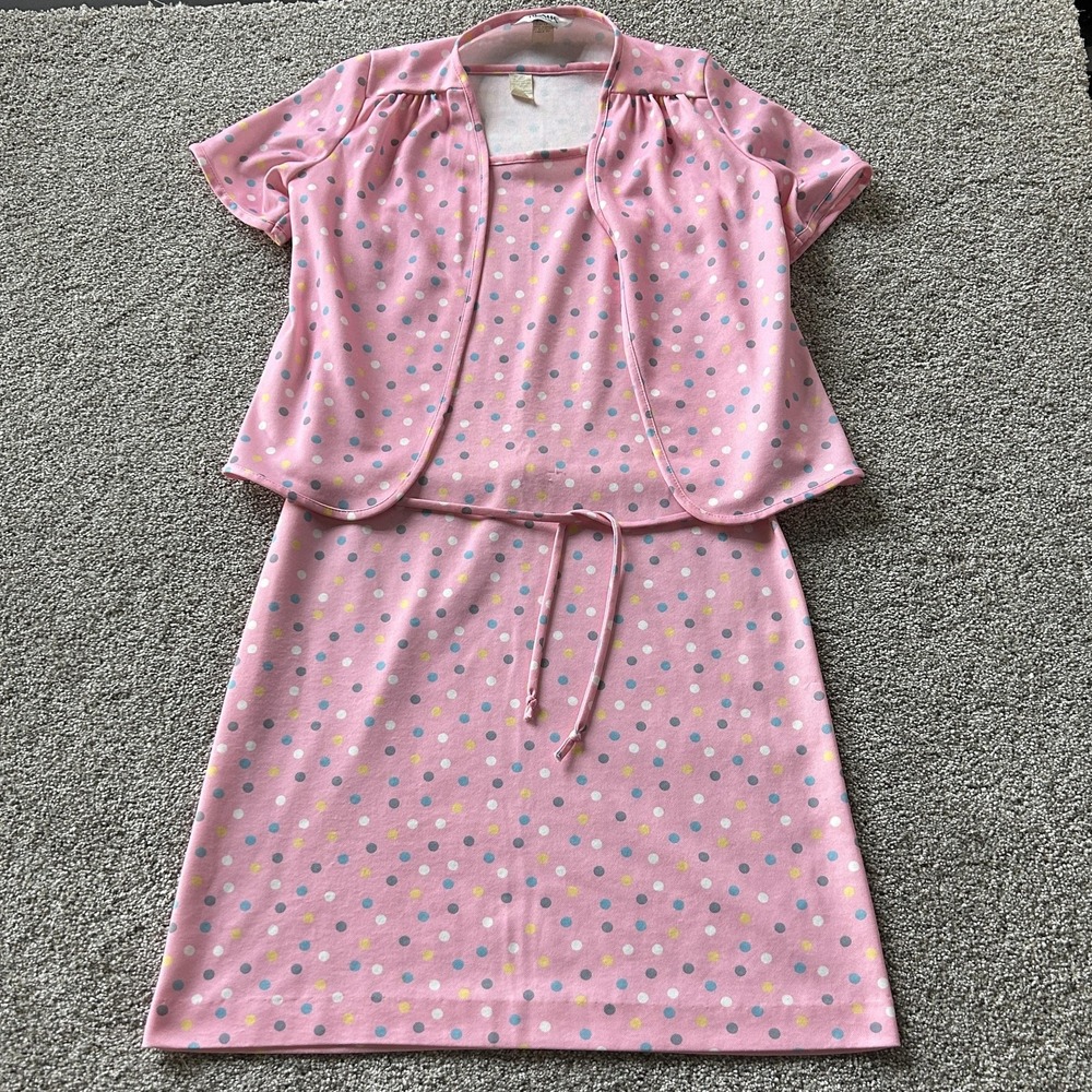 Vintage Blair Jacket Skirt Set Womens 10 Pink Polka Dot Short Sleeve Belted USA